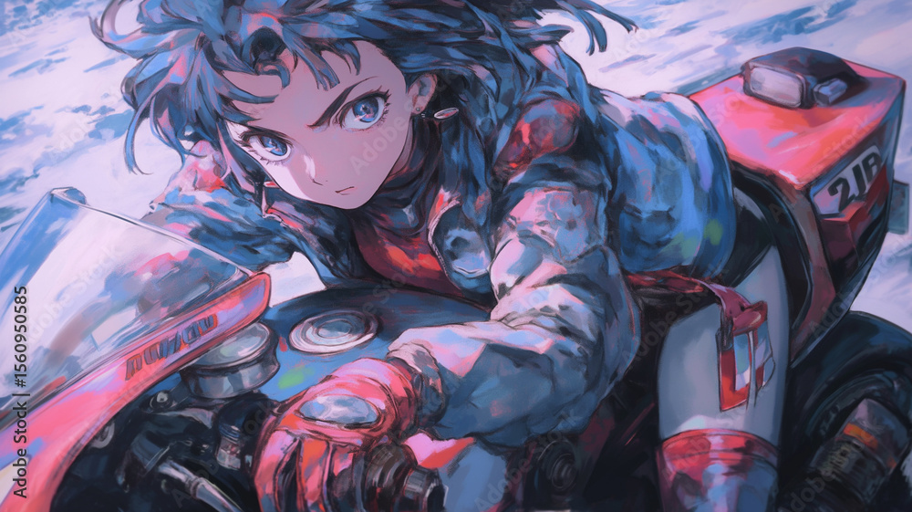 Obraz premium 真夏の青空と太陽の下、バイクにまたがるショートヘアの女性ライダーが爽快に風を切る姿を描いた、自由と疾走感があふれるアニメ風イラスト素材