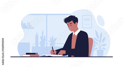 Focused Young Entrepreneur Working At His Desk In An Office During Daylight Hours