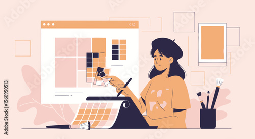 Female Graphic Artist Is Designing And Choosing Website Color Schemes For Project