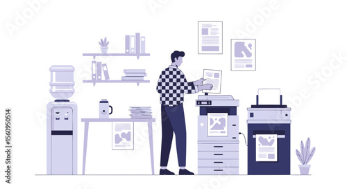 Person Duplicating Document Using Office Copier Equipment For Paperwork Vector Illustration