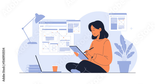 Female Illustrator Creating Digital Art With Stylus and Tablet Device Concept