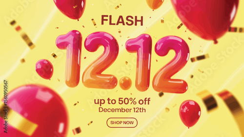 Festive december sale advertisement featuring balloons and confetti on yellow background