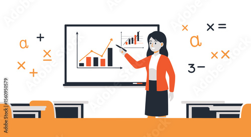 Female Teacher Presenting Data Graphs On A Whiteboard In Classroom Illustration