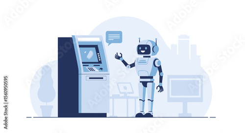 Friendly Robot Assisting At The Atm Machine Modern Banking Technology