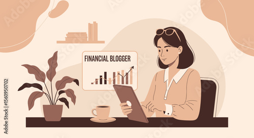 Financial Blogger Working From Home Using A Tablet With Positive Graph