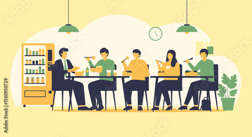Flat Design Lunchtime Office Scene With People Eating Together In The Workplace