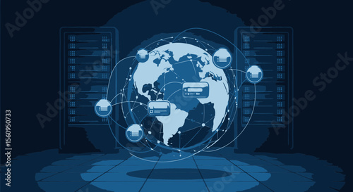 Global Network Communication and Data Server Technology Concept Illustration