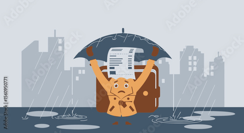 Financial Downpour: Wallet Character Shields from Bill Burden in Urban Rainfall