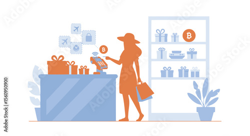 Woman Makes Contactless Payment With Cryptocurrency For Luxury Purchases At Boutique