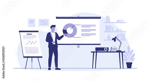 Professional Man Giving A Presentation On A Screen With Charts And Graphs