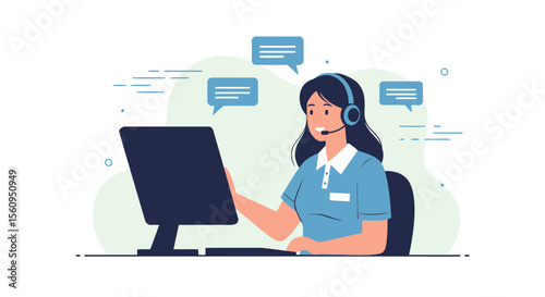 Friendly Woman Working At Computer With Headset Helping Clients Online