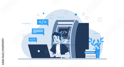 Frustrated Developer Working At Atm Machine With Laptop For Online Hacking