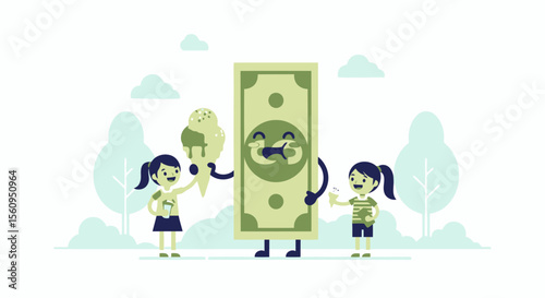Funny Money Giving Ice Cream To Girls In The Park Children Illustration