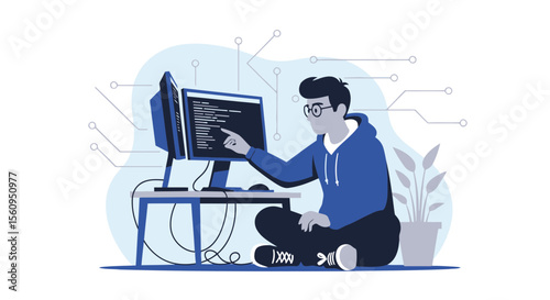 Focused Coder Developing Software On Multiple Screens At His Workstation