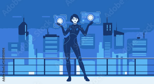 Futuristic Woman Interacting With Augmented Reality Displays In Cityscape Background