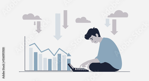 Losses Illustrated Man Experiencing Financial Downturn With Decreasing Charts And Cloudscape