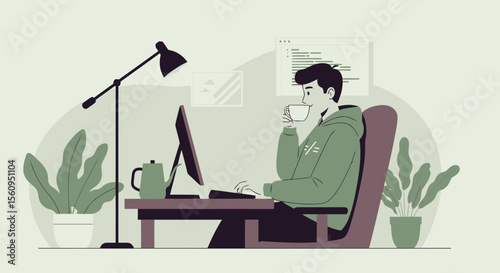 Freelancer Enjoying Coffee While Working From Home On Computer In Comfortable Setting