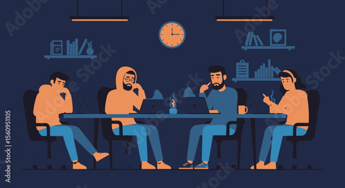 Frustrated Team Members Working Late In A Modern Office Setting Vector Illustration