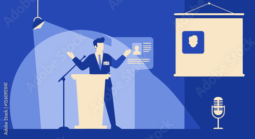 Public Speaking Event Illustration Of A Speaker Delivering A Presentation On Stage