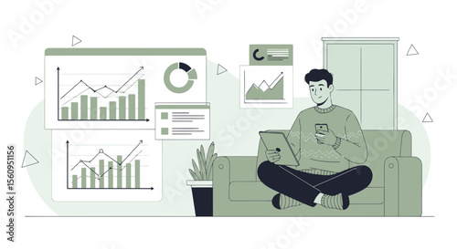 Man Analyzing Financial Data At Home In a Casual Setting On Digital Devices