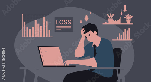 Frustrated Businessman Experiencing Financial Loss Looking At Decreasing Charts On Laptop