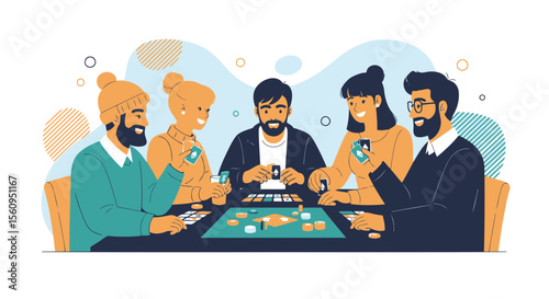 Friends Gathering Together Having Fun Playing Board Game On Weekend Holiday
