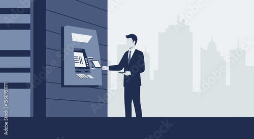 Man In Suit Using Atm In Cityscape Background Banking Finances