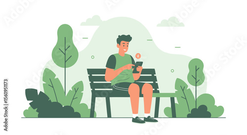 Relaxing Man Uses Mobile Phone On Park Bench Earning Money Online