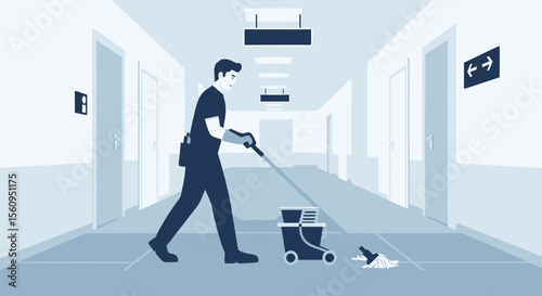 Man Cleaning Floor With Mop In Hallway For Hygiene Maintenance Service