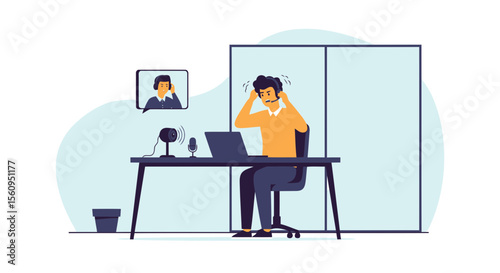 Frustrated Man Experiencing Communication Breakdown During Remote Meeting Illustration