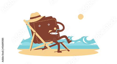 Relaxing Wallet In A Beach Chair Enjoying Vacation Cartoon Illustration