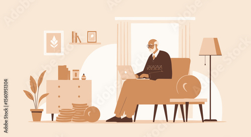 Senior Man Works At Home On Laptop With Passive Income Stacking Coins
