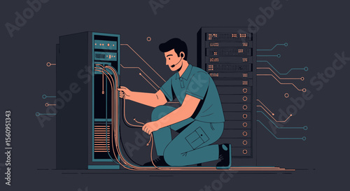 Server Technician Working With Cables In Data Center For Network Maintenance