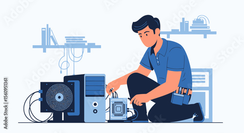 Man Repairing Desktop Computer Electronic Components And Internal Wiring System At Home