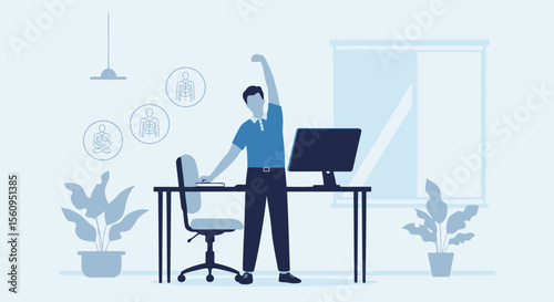Man Stretching At Desk For Health Benefits During The Work Day