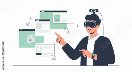 Man Wearing Vr Headset Interacting With Virtual Interfaces And Augmented Reality