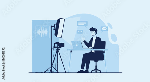 Man Creates Online Content At Home With Microphone And Professional Equipment