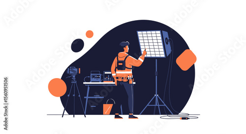 Filmmaker Adjusting Light Before Shooting On Set Film Or Commercial