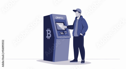 Man Using Bitcoin Atm Machine For Cryptocurrency Purchase And Exchange System