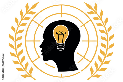 Black head silhouette with lightbulb inside gold laurel wreath