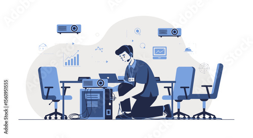 Man Setting Up Meeting Room Technology For A Presentation Or Conference