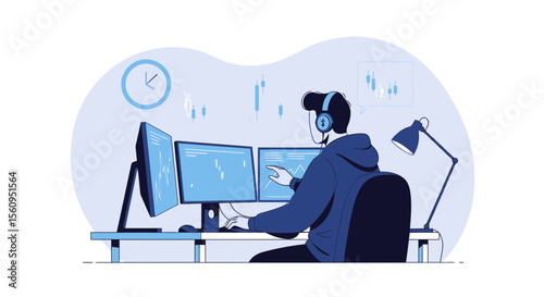 Modern Day Trader Analyzing Stock Market Charts From Home Office Setup