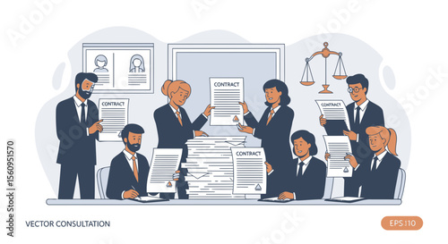 Legal Team Discussing Contract Agreement and Documentation in the Office