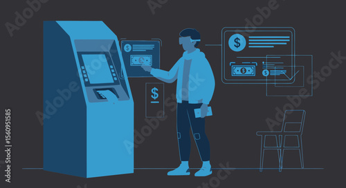 Modern Financial Transaction A Man Using Virtual Reality At An Atm Machine Concept