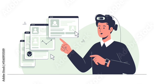 Man Wearing Vr Headset Interacting With Data Visualization Windows