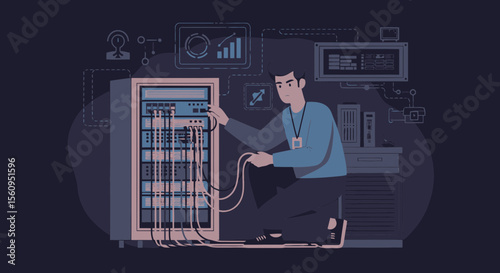 System Administrator Connecting Cables In Server Room For Data Transfer Process