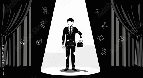 Embracing Vulnerability Man in Spotlight With Defect Symbol Amidst Success Stage