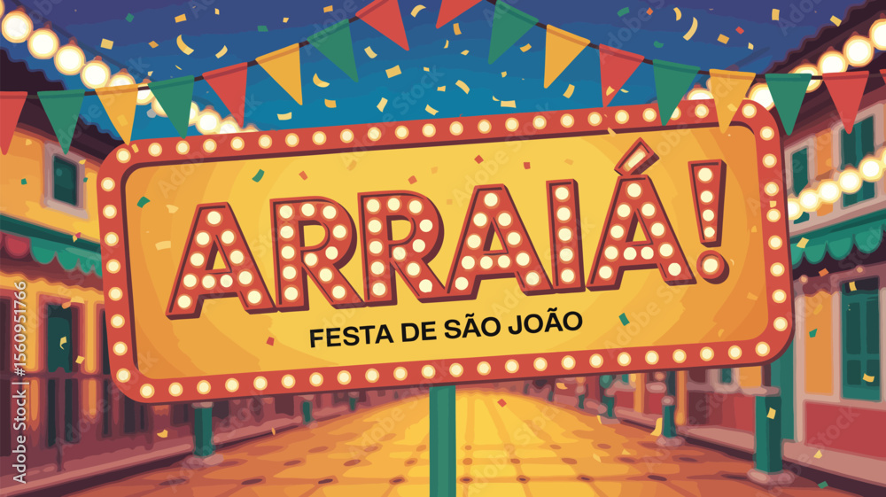 Festive arraia festa de são joão sign with lights and colorful decorations overhead