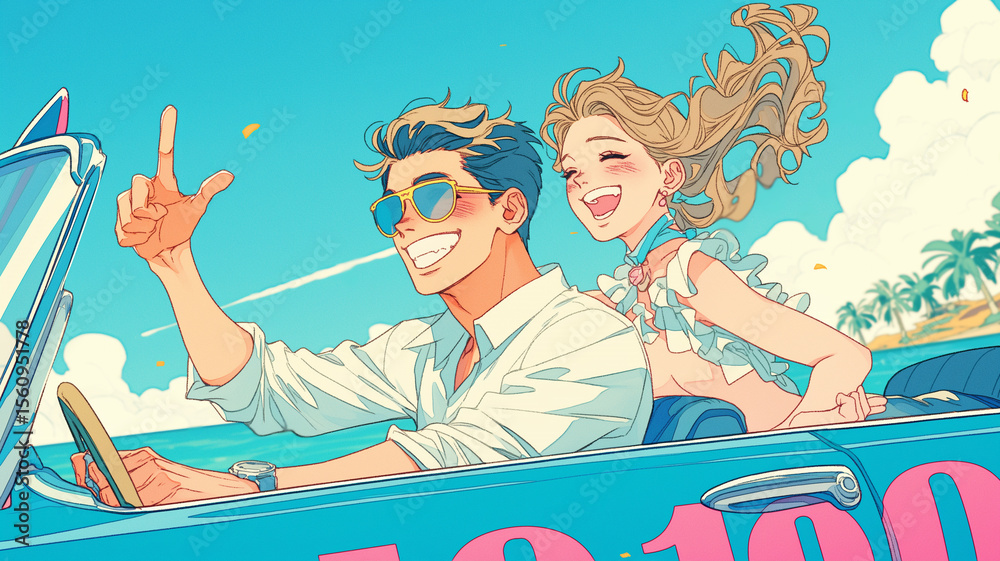 Obraz premium カラフルな空と入道雲の下、陽気な笑顔でオープンカーを駆ける男女が奏でる夏の旋律、爽快感と青春の輝きが詰まったドライブアートイメージ