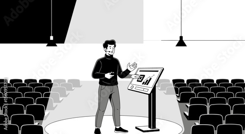 Monochrome Presentation Event Illustration Man Talking at Podium in Large Conference Hall